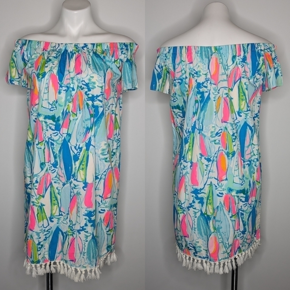 Lilly Pulitzer Marble Beach & Bae sailboat fringe off the shoulder dress S